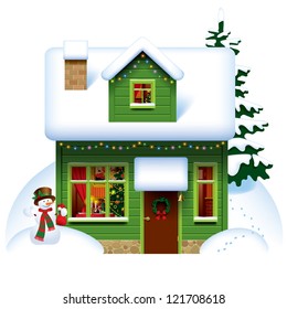 Vector Image Of The Green Wooden Christmas House Covered With Snow With Snowman And Spruce