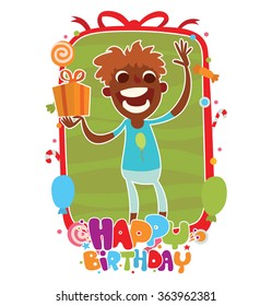Vector image of green-red frame with candies, balloons, confetti, with words "Happy birthday" and with cartoon image of black boy with orange gift in hand on a white background. Vector illustration.