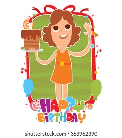 Vector image of green-red frame with candies, balloons, confetti, with words "Happy birthday" and with cartoon image of girl with big brown cake in hand on a white background. Vector illustration.