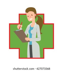 Vector image of a green-red frame in the shape of a cross with a cartoon image of woman doctor with long brown hair in a white medical coat with a clipboard, smiling in the center on white background.