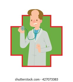 Vector image of a green-red frame in the shape of cross with a cartoon image of a man doctor with brown hair in a white medical coat with a stethoscope, smiling in the center on a white background.