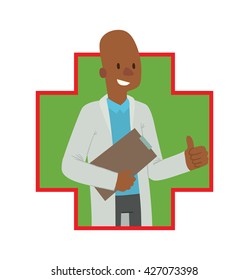 Vector image of a green-red frame in the shape of a cross with a cartoon image of a bald black man doctor in white medical coat with a clipboard in his hand smiling in the center on a white background