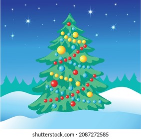 Vector image greeting card Christmas tree. Poster winter holiday design