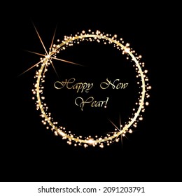 Vector image of the greeting card with the glossy golden circle, shiny stars amd the snowballs and the sparks on the black background and the words appy new year!