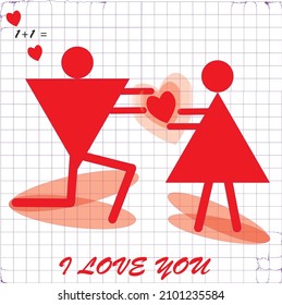 Vector image greeting card picture Happy Valentine's Day. Declaration of love. Imitation of a drawing in a school notebook. Minimalism.