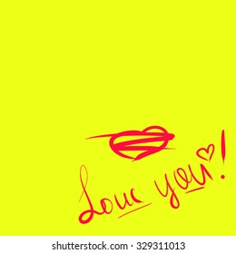 vector image greeting card with the word love on a yellow background with red letters with hearts.