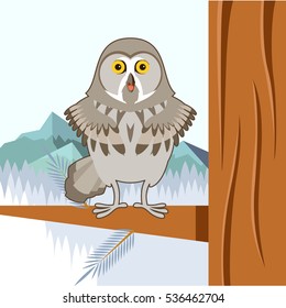 Vector image of the Grey Owl on the winter tree flat background