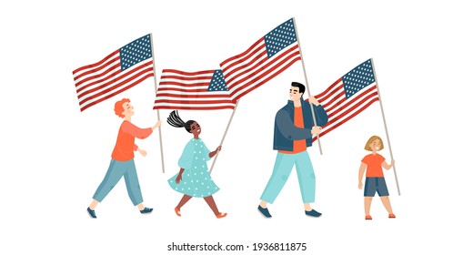 Vector image of a group of children with USA flags. American Independence Day illustration isolated in flat style.