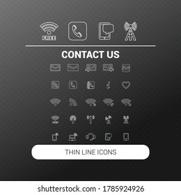 Vector image. Group of contact icons. White linear icon.