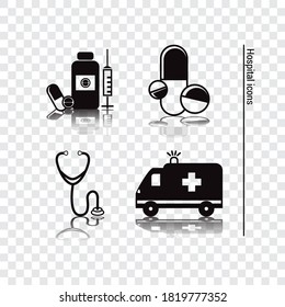 Vector image. Group of medicine icons. Solid black icons.