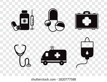 Imagen vectorial. Grupo de íconos de medicina. Iconos negros sólidos.