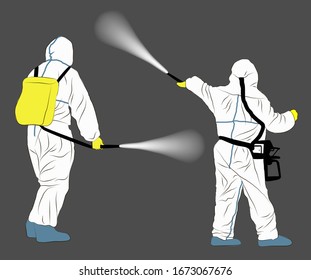 Imagen vectorial de un grupo de personas con trajes protectores en un fondo gris. Los médicos con coberturas protectoras destruyen las bacterias. Imagen aislada de personas con desinfectantes.