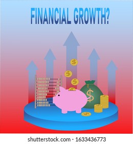 vector image of growing arrows with piggy bank, sack of coins and abacus. Can be used for describing concept of financial growth