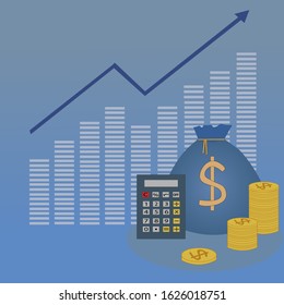 vector image of growing chart and arrow with calculator, coins and sack with dollar sign