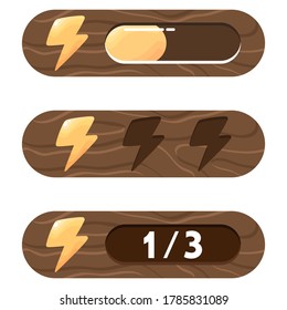 Vector image, GUI elements. Three different options for representing energy (progress bar, filling and numeric). Set of elements of energy, force, power of the player. Elements of a mobile game.