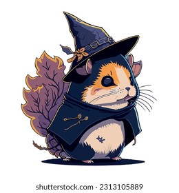 vector image of guinea pig in hat and witch costume