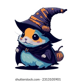 vector image of guinea pig in hat and witch costume