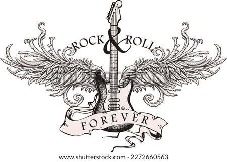 vector image of a guitar with wings and the inscription rock and roll in the style of a graphic sketch