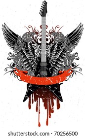 Vector image guitar with wings, patterns and ribbon