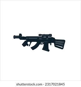 vector image of gun, long barrel, black color, white background.