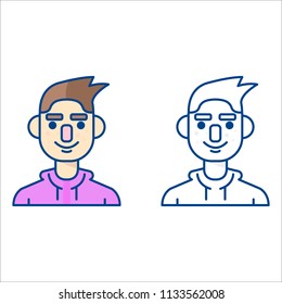 The vector image of a guy with freckles. Flat design. Set of 2 images - color and monochrome.