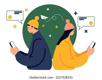 Vector image of a guy and a girl texting each other.