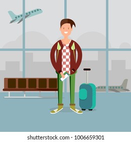 Vector image of a guy tourist at the airport, against the background of airplanes, with tickets in his hand and a travel bag. Travel.