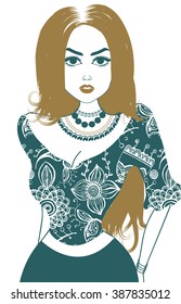 Vector image of gypsy, attractive woman. Isolated on white. Dark turquoise and mustard