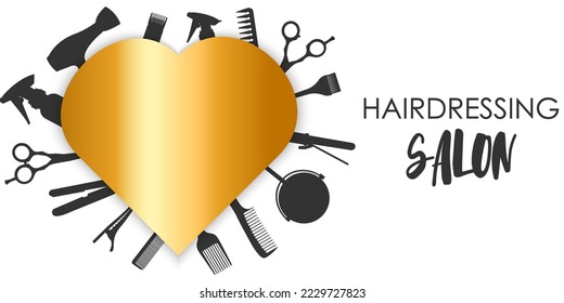 Vector image of a hairdressing salon signboard on the background of professional tools. The concept of a beauty salon, haircuts and self-care. A banner for the site.