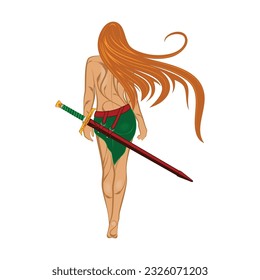 Vector image of a haired girl with a sword. Werewolf. Fantasy female knight. Amazon. The drawing for design. Color tattoo. Vector illustrations for t shirt print.
