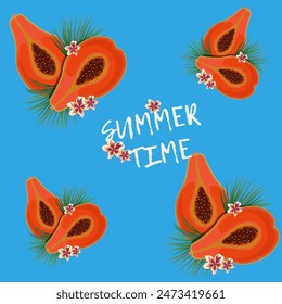 Vektorgrafik Bild einer halben saftigen Papaya mit tropischen Blättern mit der Inschrift Summer