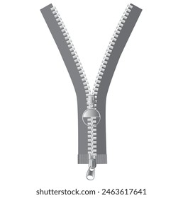 Vector image of a half open metal zipper isolated on the white background.	