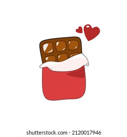 Vector image of half-wrapped chocolate with two hearts as a sweetener, for greeting cards or children's books.