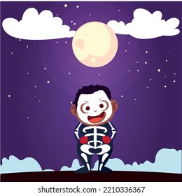 vector image, halloween boy dressed as skull with purple background and full moon.