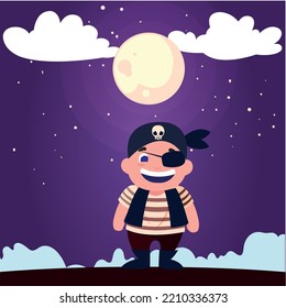 imagen vectorial, niño de halloween vestido de pirata con fondo morado y luna llena.