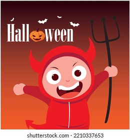 vector image, halloween boy dressed as a devil with orange background.