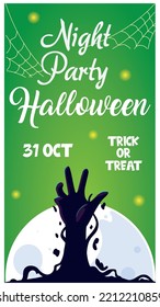 vector image. halloween card with green background with a hand coming out of the ground