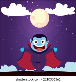 vector image, halloween child dressed as a vampire with a purple background and a full moon.