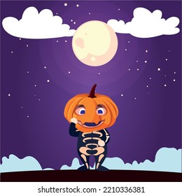 vector image, halloween child dressed as a skull with a pumpkin mask with a purple background and a full moon.