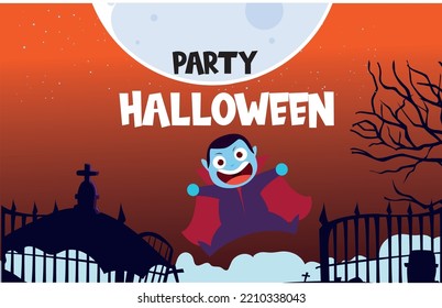 vector image, halloween child dressed as a vampire with a background in the cemetery and orange color.