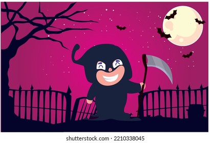 vector image, halloween child dressed as death with background in the cemetery and purple color.