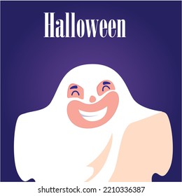 imagen vectorial, niño de halloween con disfraz fantasma con fondo morado