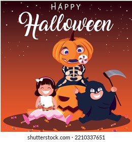 vector image, halloween children in costumes with orange background and big pumpkin.