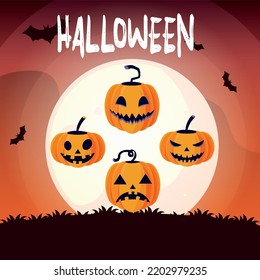 vector image. halloween with full moon background with elements like pumpkins.