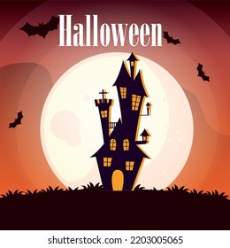 vector image. halloween with a full moon background with a castle.