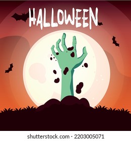 vector image. halloween with a full moon background with a hand coming out of the earth.