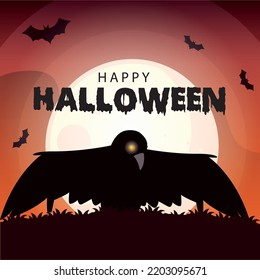 vector image. halloween with a full moon background with a raven.