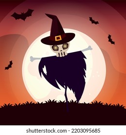 vector image. halloween with a full moon background with a raven.