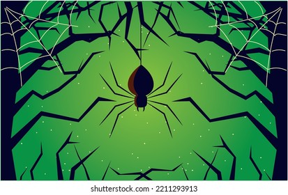 vector image halloween green background with trees and a spider