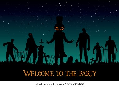 Vector image of Halloween. The headless horseman has revived the zombies and is going to have a party in honor of the day of the dead